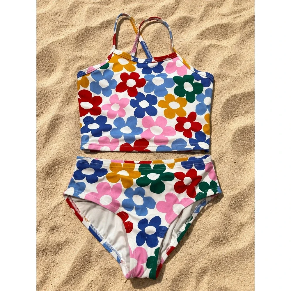 Hanna Andersson Girls Floral Tankini Swimsuit Set Size 8 Retro Summer Vacation